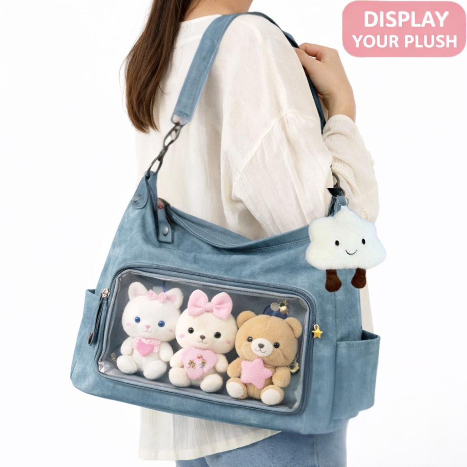 Large Black Kawaii Ita Shoulder Bag with Clear Window for Plushies and Pins Large Black Kawaii Ita Shoulder Bag with Clear Window for Plushies and Pins — crossbody ita bag detail view