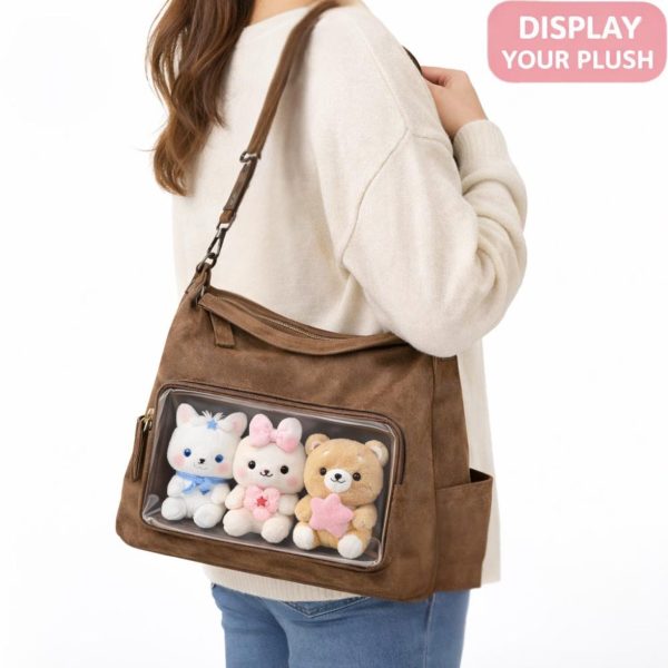 Large Black Kawaii Ita Shoulder Bag with Clear Window for Plushies and Pins — crossbody ita bag detail view