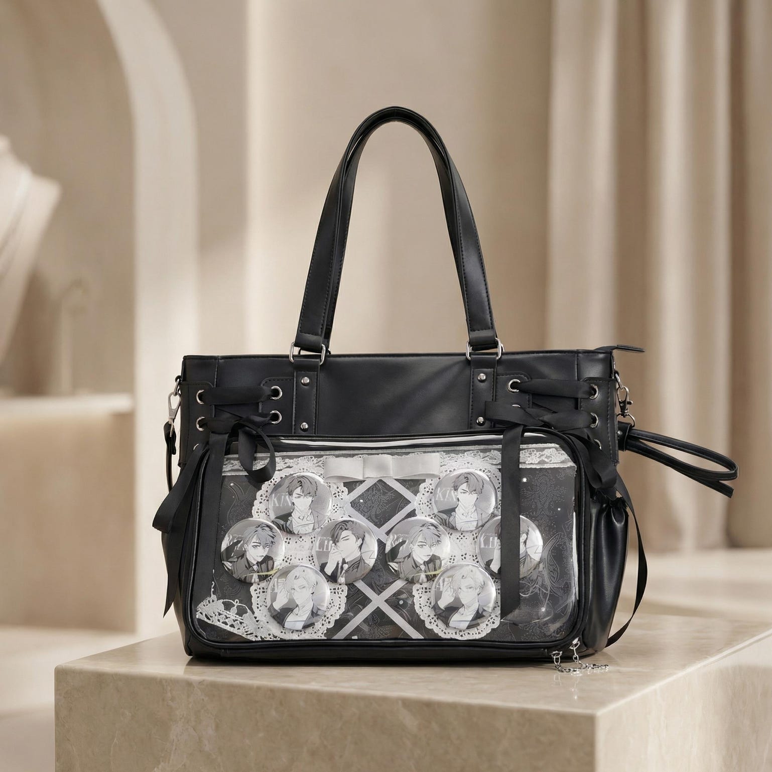 Large Black Kawaii Ribbon Ita Crossbody Bag with Clear Window for Plushies and Pins Large Black Kawaii Ribbon Ita Crossbody Bag with Clear Window for Plushies and Pins — crossbody ita bag detail view
