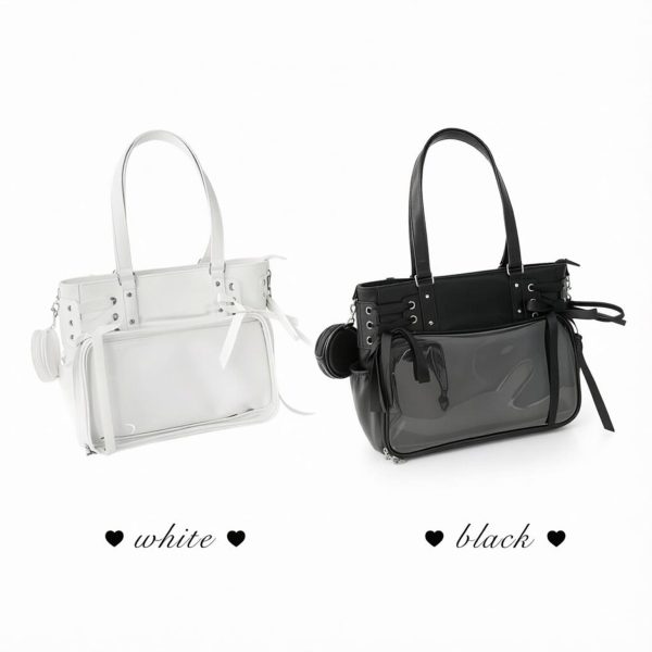 Large Black Kawaii Ribbon Ita Crossbody Bag with Clear Window for Plushies and Pins — crossbody ita bag detail view