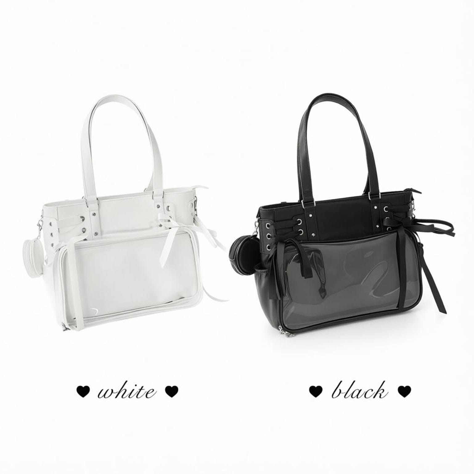 Large Black Kawaii Ribbon Ita Crossbody Bag with Clear Window for Plushies and Pins Large Black Kawaii Ribbon Ita Crossbody Bag with Clear Window for Plushies and Pins — crossbody ita bag detail view