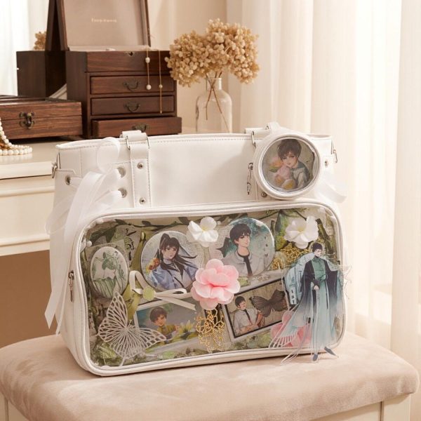 Large Black Kawaii Ribbon Ita Crossbody Bag with Clear Window for Plushies and Pins — crossbody ita bag detail view