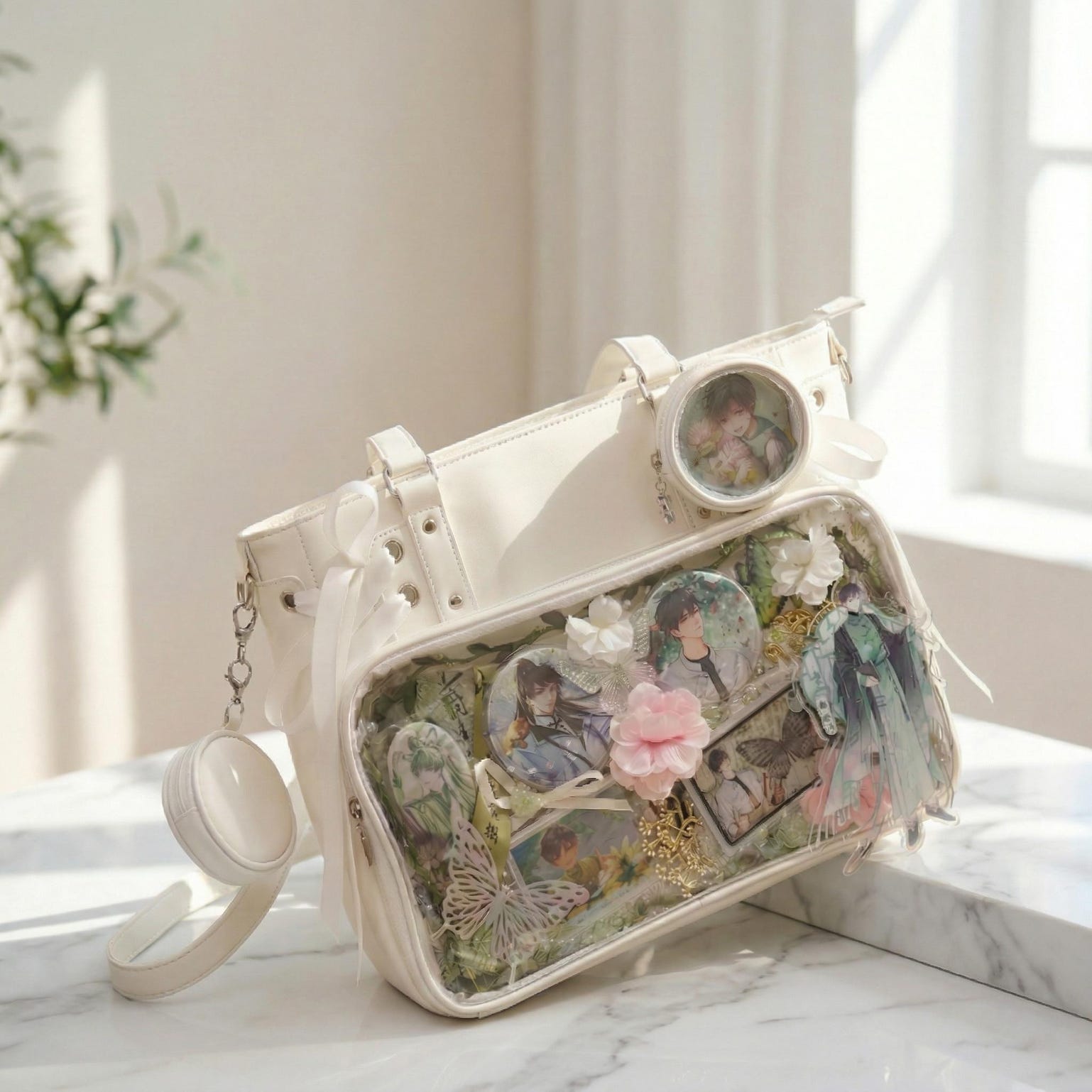 Large Black Kawaii Ribbon Ita Crossbody Bag with Clear Window for Plushies and Pins Large Black Kawaii Ribbon Ita Crossbody Bag with Clear Window for Plushies and Pins — crossbody ita bag detail view