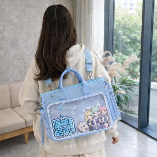 Large Black Kawaii Y2K Convertible Ita Bag with Clear Window for Photocards and Pins — ita bag detail view