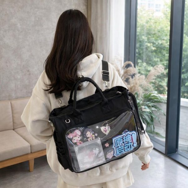 Large Black Kawaii Y2K Convertible Ita Bag with Clear Window for Photocards and Pins — ita bag detail view