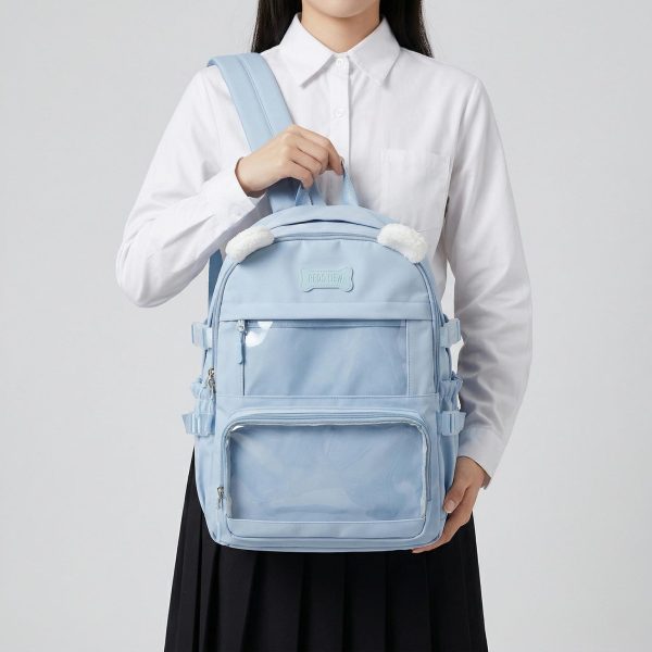 Large Black Kawaii Y2K Ita Backpack with Clear Window for Photocards and Pins — ita backpack detail view