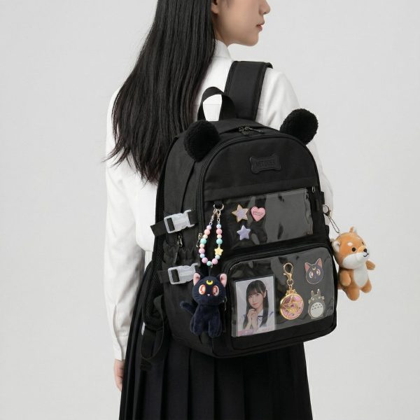 Large Black Kawaii Y2K Ita Backpack with Clear Window for Photocards and Pins — ita backpack detail view