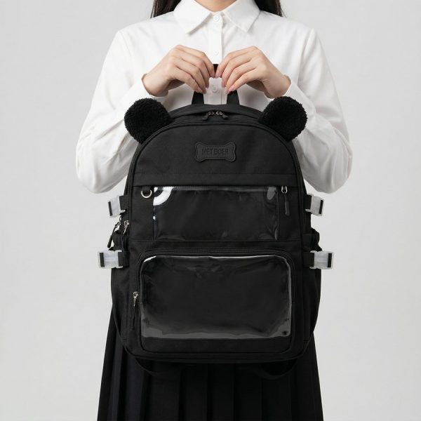 Large Black Kawaii Y2K Ita Backpack with Clear Window for Photocards and Pins — ita backpack detail view
