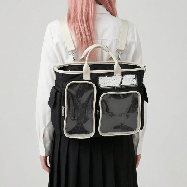 Large Black Kawaii Y2K Ita Backpack with Clear Window for Photocards and Pins — ita backpack detail view