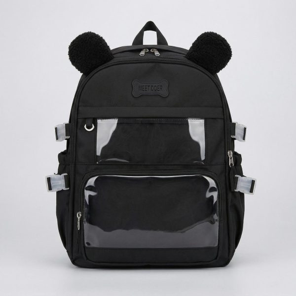 Large Black Kawaii Y2K Ita Backpack with Clear Window for Photocards and Pins — ita backpack detail view