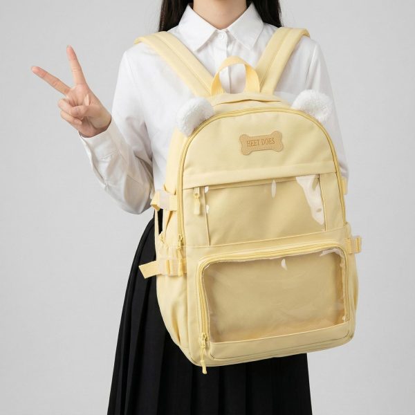 Large Black Kawaii Y2K Ita Backpack with Clear Window for Photocards and Pins — ita backpack detail view