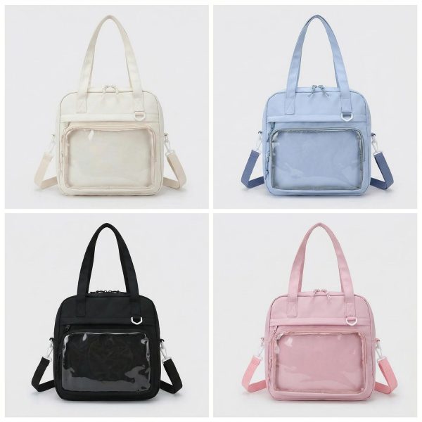 Large Black Kawaii Y2K Ita Backpack with Clear Window for Pin Display — ita backpack detail view