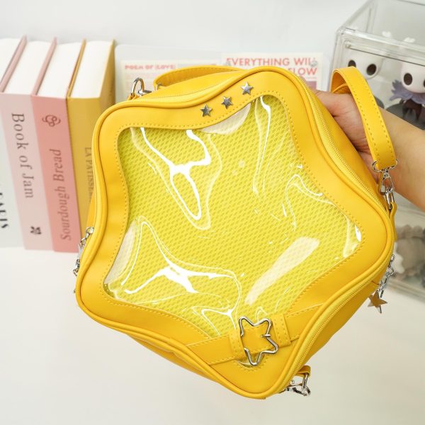 Large Black Star Convertible Ita Bag with Clear Window for Pin Display — ita bag detail view