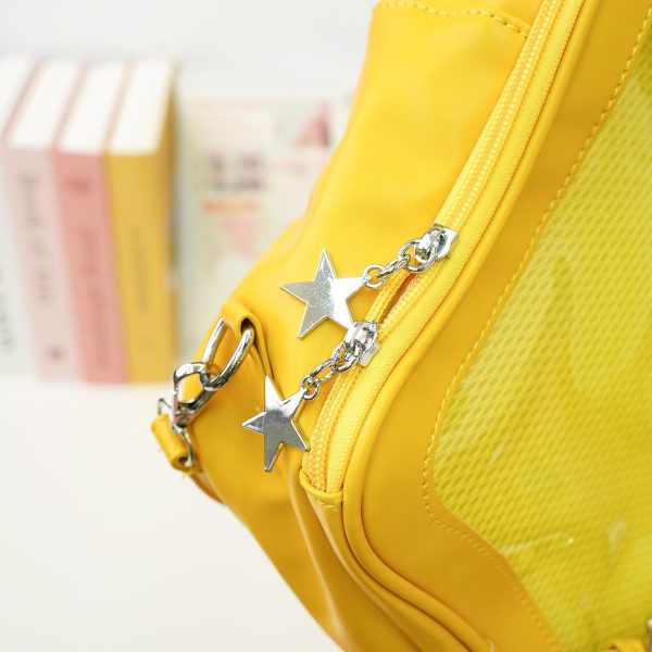 Large Black Star Convertible Ita Bag with Clear Window for Pin Display — ita bag detail view
