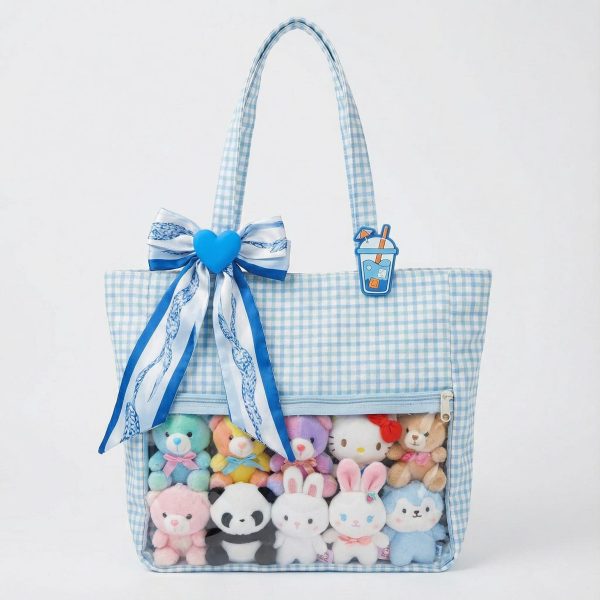 Large Blue Ita Messenger Bag with Clear Window for Pin Display — ita bag detail view