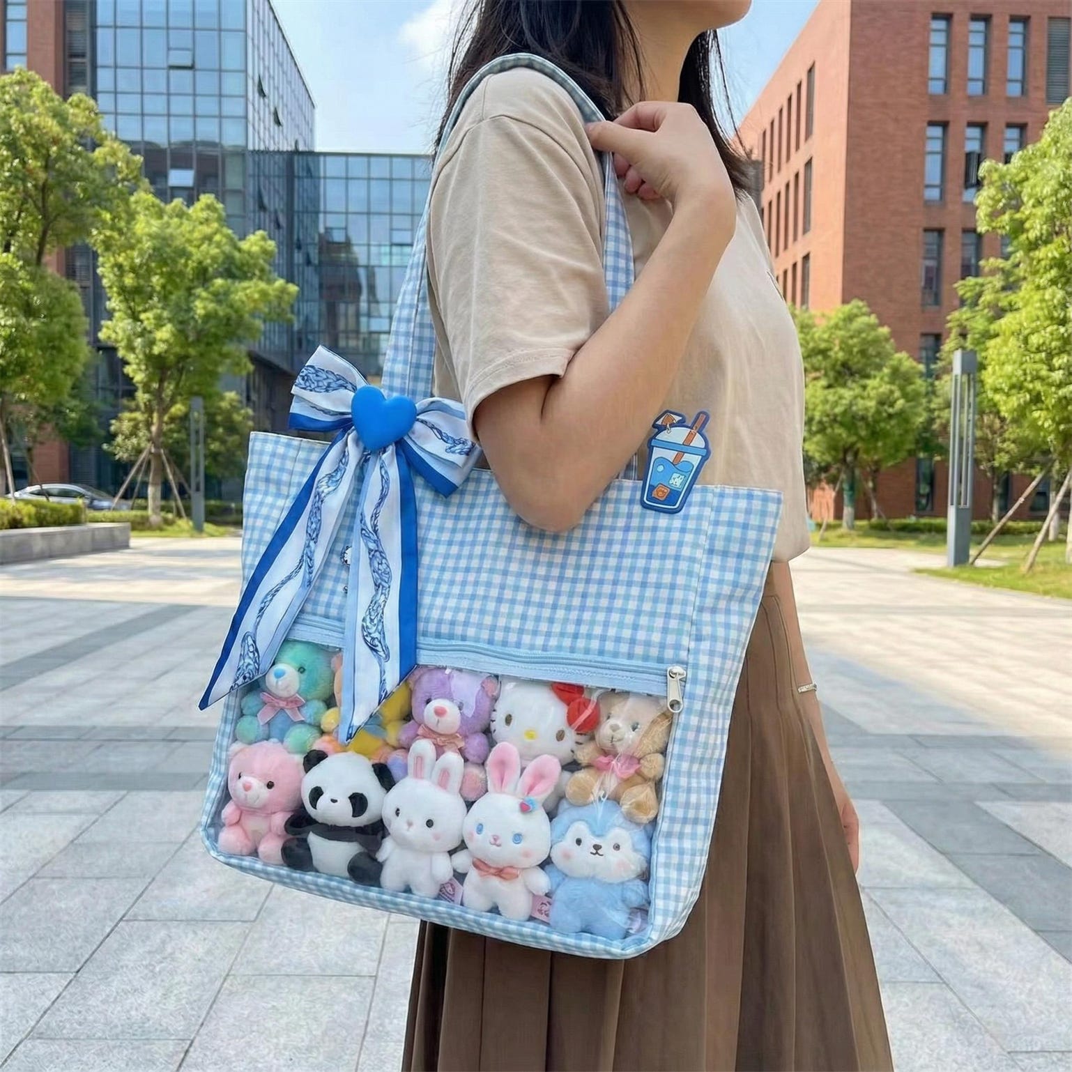 Large Blue Ita Messenger Bag with Clear Window for Pin Display Large Blue Ita Messenger Bag with Clear Window for Pin Display — ita bag detail view