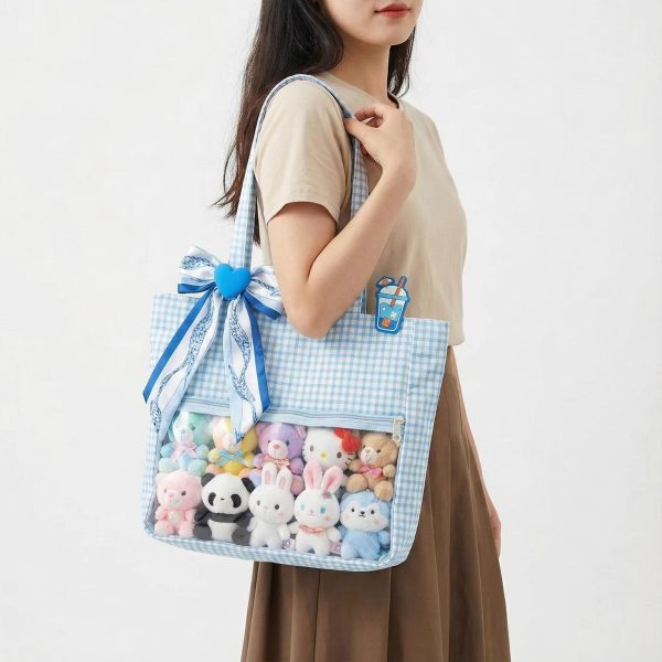 Large Blue Ita Messenger Bag with Clear Window for Pin Display — ita bag detail view
