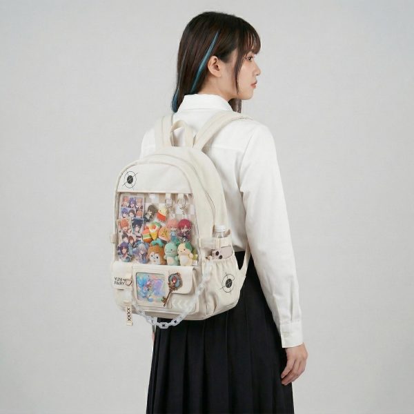Large Blue Kawaii Y2K Ita Backpack with Clear Window for Photocards and Pins — ita backpack detail view