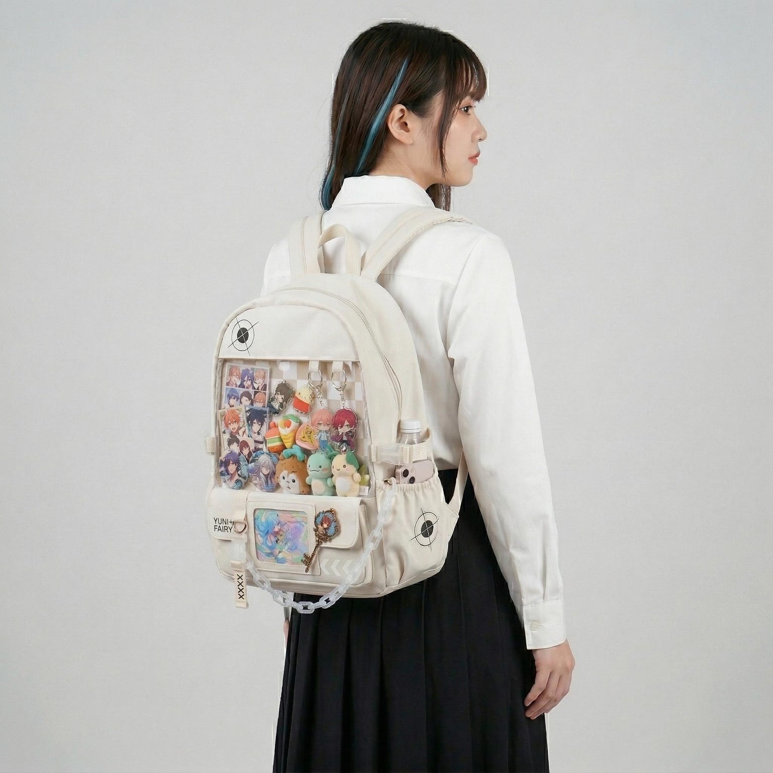 Large Blue Kawaii Y2K Ita Backpack with Clear Window for Photocards and Pins Large Blue Kawaii Y2K Ita Backpack with Clear Window for Photocards and Pins — ita backpack detail view