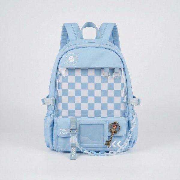 Large Blue Kawaii Y2K Ita Backpack with Clear Window for Photocards and Pins — ita backpack detail view
