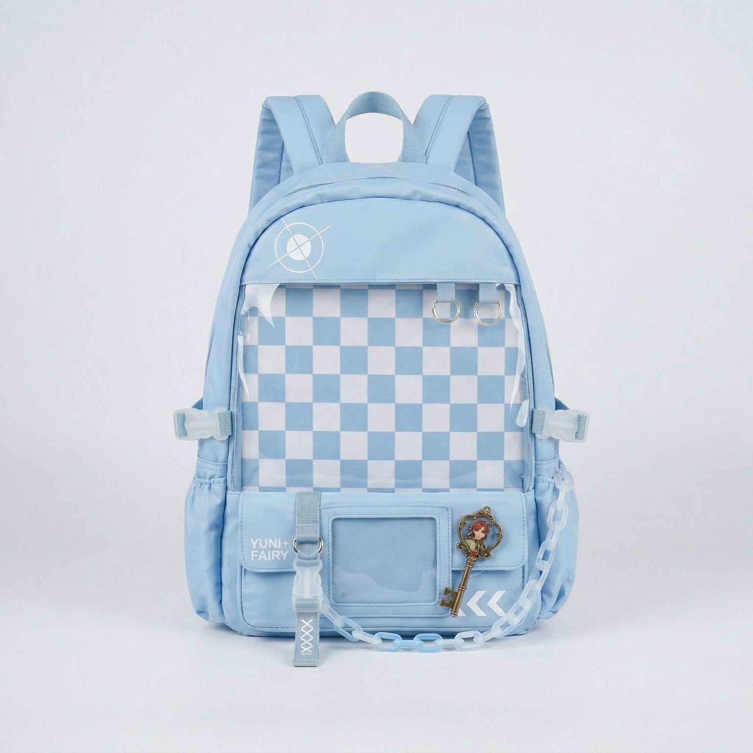 Large Blue Kawaii Y2K Ita Backpack with Clear Window for Photocards and Pins Large Blue Kawaii Y2K Ita Backpack with Clear Window for Photocards and Pins — ita backpack detail view