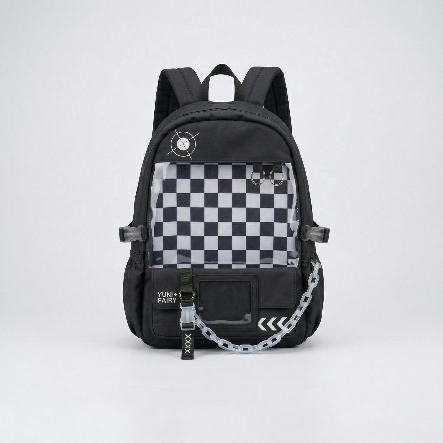 Large Blue Kawaii Y2K Ita Backpack with Clear Window for Photocards and Pins Large Blue Kawaii Y2K Ita Backpack with Clear Window for Photocards and Pins — ita backpack detail view