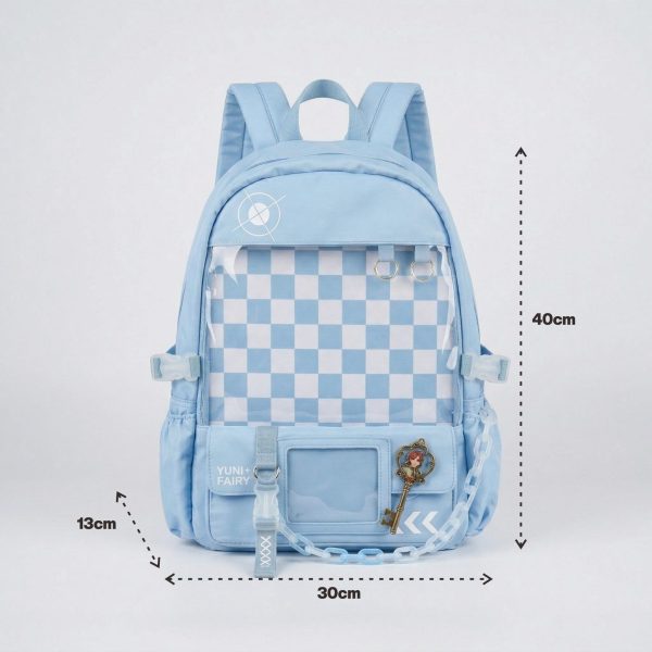 Large Blue Kawaii Y2K Ita Backpack with Clear Window for Photocards and Pins — ita backpack detail view