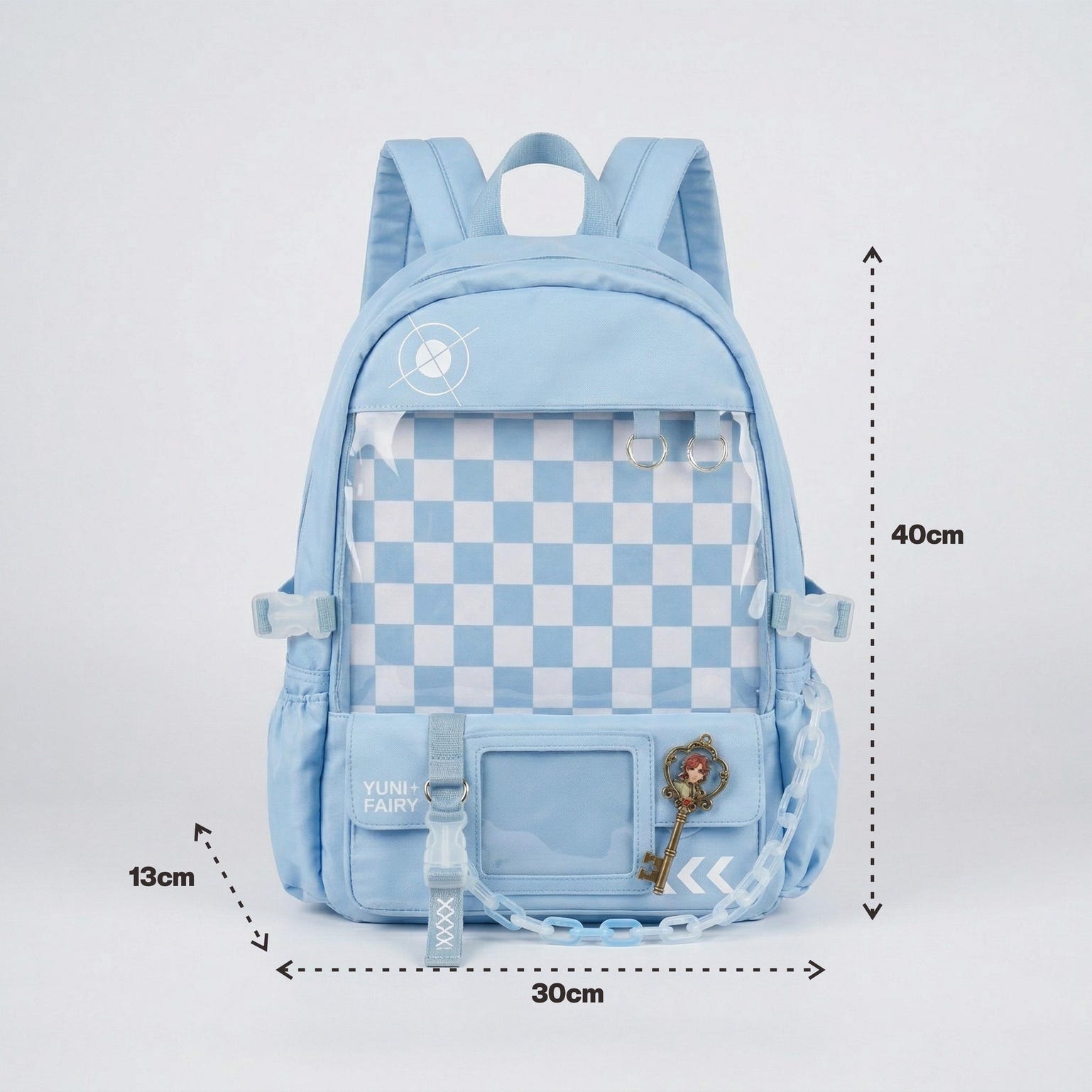 Large Blue Kawaii Y2K Ita Backpack with Clear Window for Photocards and Pins Large Blue Kawaii Y2K Ita Backpack with Clear Window for Photocards and Pins — ita backpack detail view
