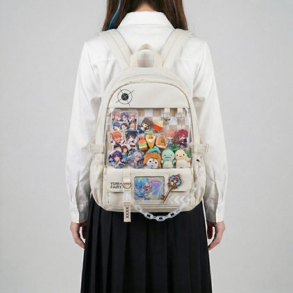 Large Blue Kawaii Y2K Ita Backpack with Clear Window for Photocards and Pins — ita backpack detail view