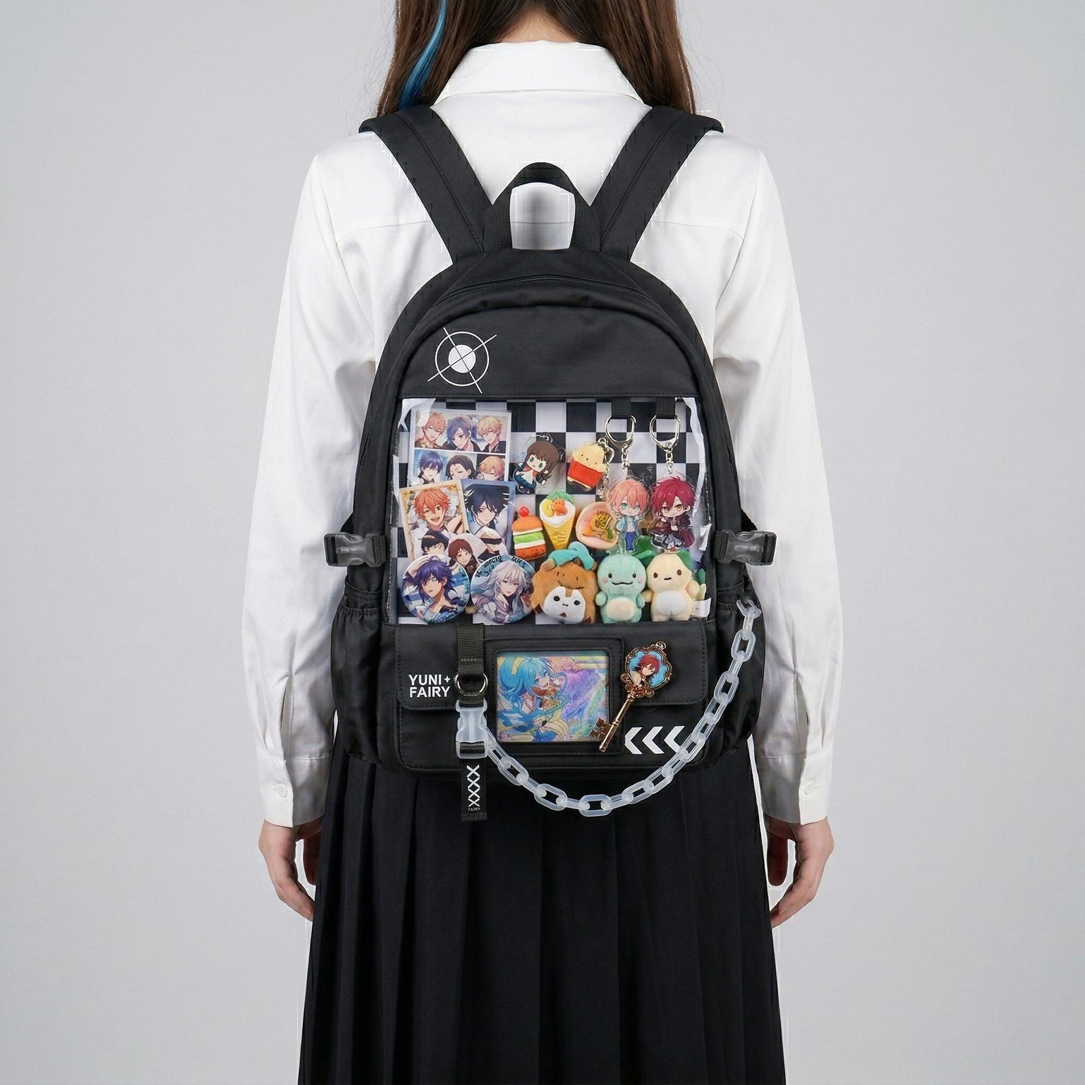 Large Blue Kawaii Y2K Ita Backpack with Clear Window for Photocards and Pins Large Blue Kawaii Y2K Ita Backpack with Clear Window for Photocards and Pins — ita backpack detail view