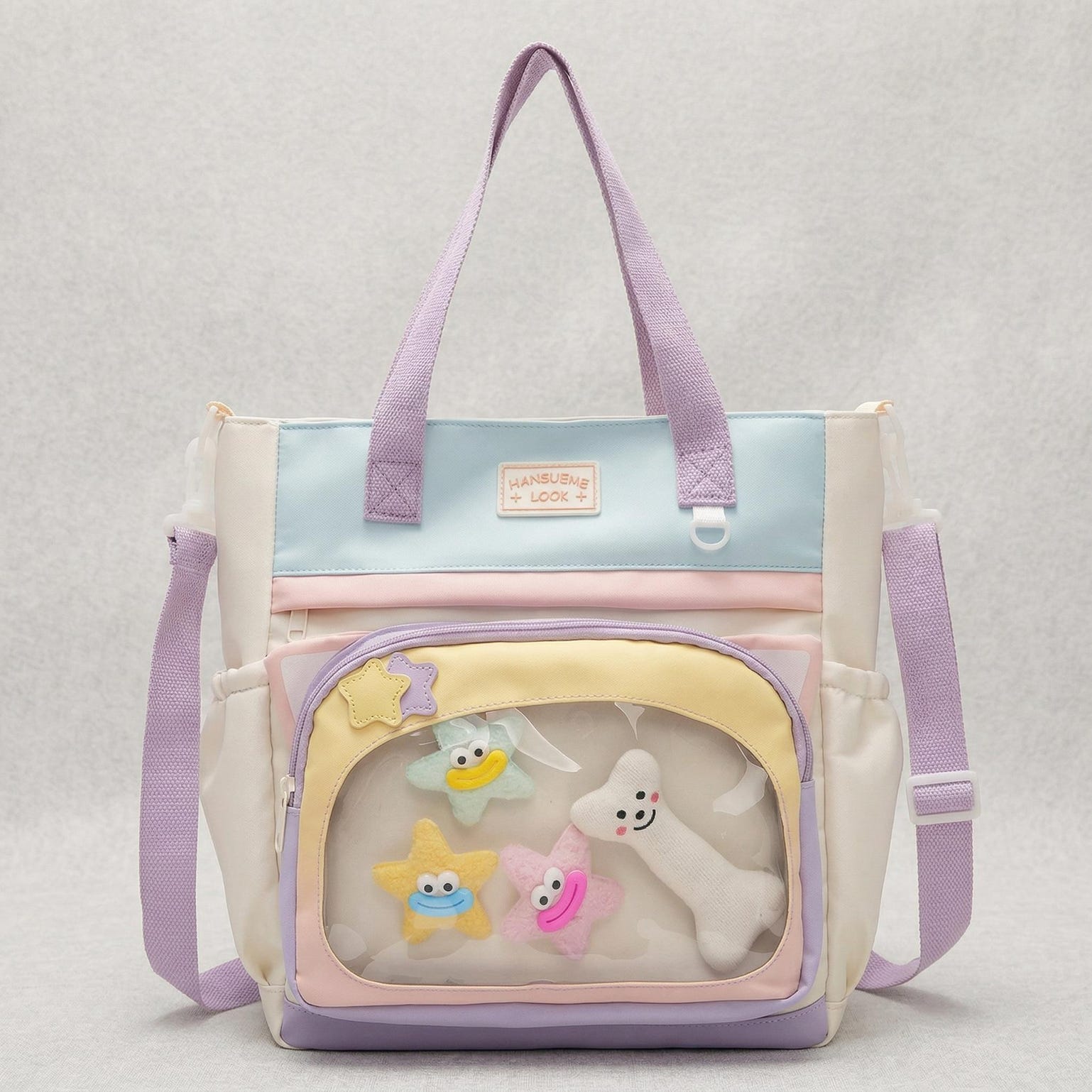 Large Blue Kawaii Y2K Ita Backpack with Clear Window for Plushies and Pins Large Blue Kawaii Y2K Ita Backpack with Clear Window for Plushies and Pins — ita backpack detail view