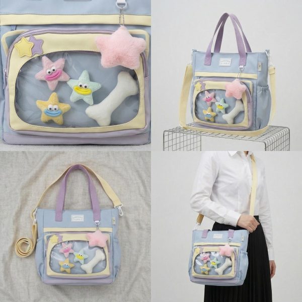 Large Blue Kawaii Y2K Ita Backpack with Clear Window for Plushies and Pins — ita backpack detail view