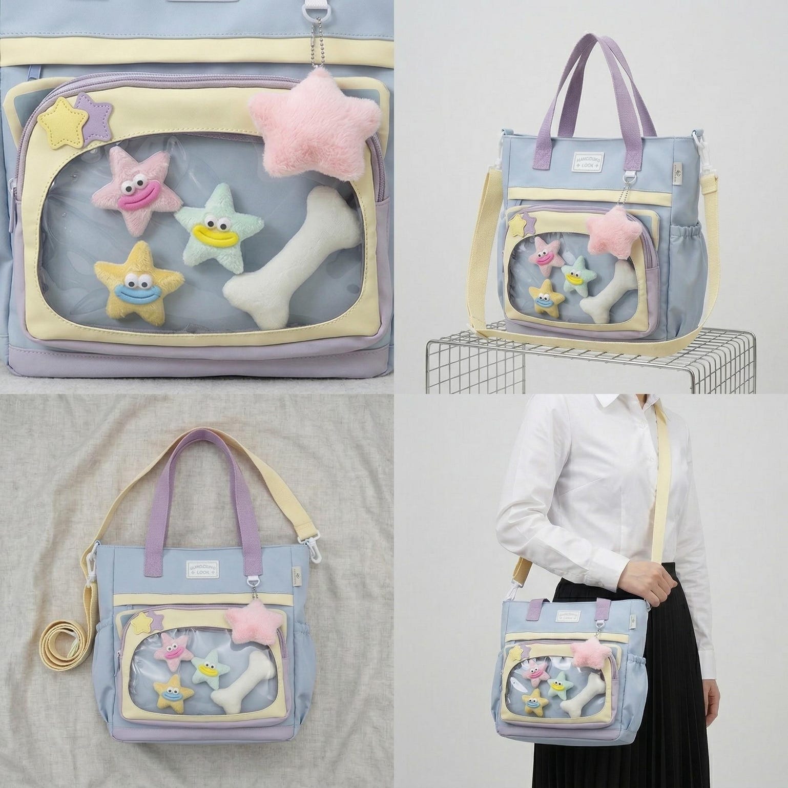 Large Blue Kawaii Y2K Ita Backpack with Clear Window for Plushies and Pins Large Blue Kawaii Y2K Ita Backpack with Clear Window for Plushies and Pins — ita backpack detail view