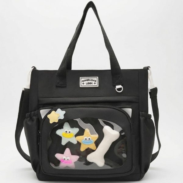 Large Blue Kawaii Y2K Ita Backpack with Clear Window for Plushies and Pins — ita backpack detail view