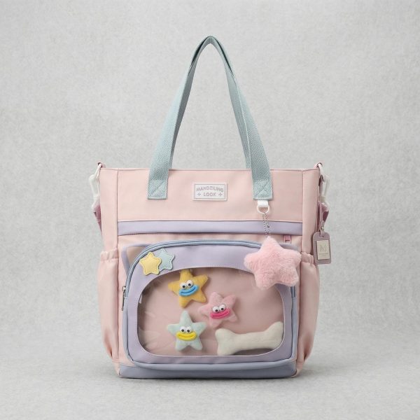 Large Blue Kawaii Y2K Ita Backpack with Clear Window for Plushies and Pins — ita backpack detail view
