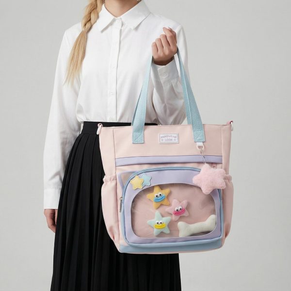 Large Blue Kawaii Y2K Ita Backpack with Clear Window for Plushies and Pins — ita backpack detail view
