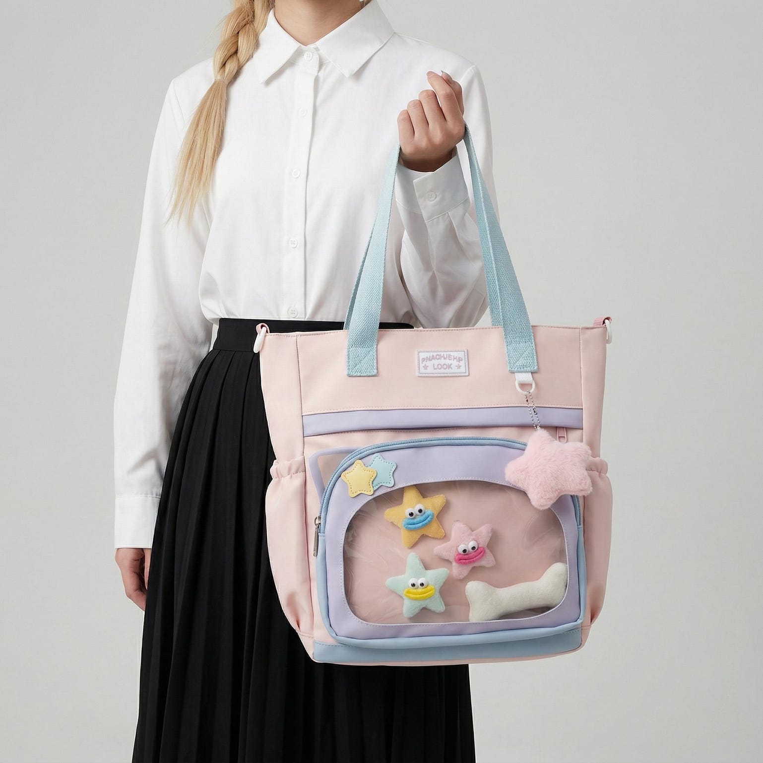 Large Blue Kawaii Y2K Ita Backpack with Clear Window for Plushies and Pins Large Blue Kawaii Y2K Ita Backpack with Clear Window for Plushies and Pins — ita backpack detail view