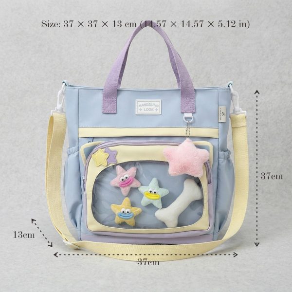 Large Blue Kawaii Y2K Ita Backpack with Clear Window for Plushies and Pins — ita backpack detail view