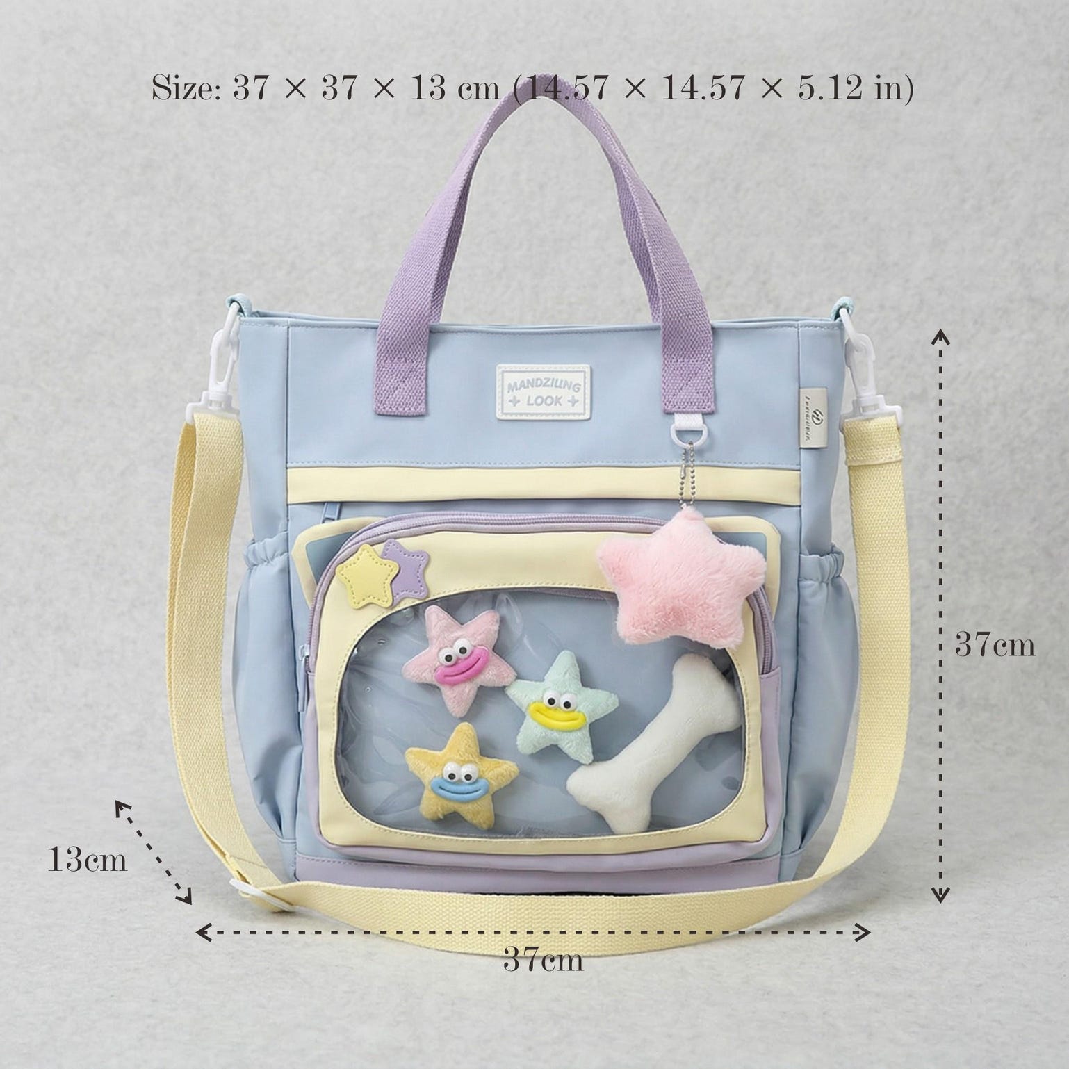 Large Blue Kawaii Y2K Ita Backpack with Clear Window for Plushies and Pins Large Blue Kawaii Y2K Ita Backpack with Clear Window for Plushies and Pins — ita backpack detail view