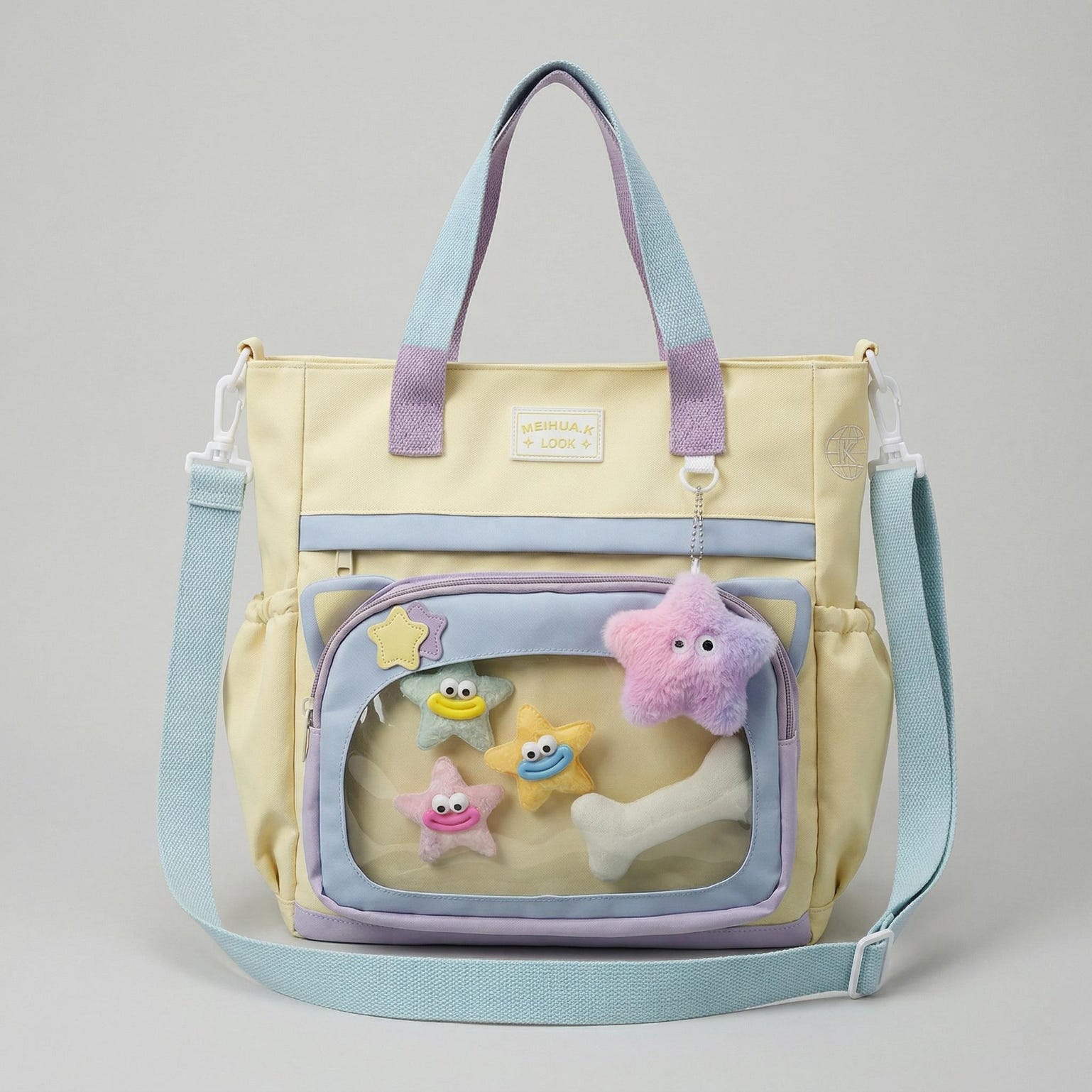 Large Blue Kawaii Y2K Ita Backpack with Clear Window for Plushies and Pins Large Blue Kawaii Y2K Ita Backpack with Clear Window for Plushies and Pins — ita backpack detail view