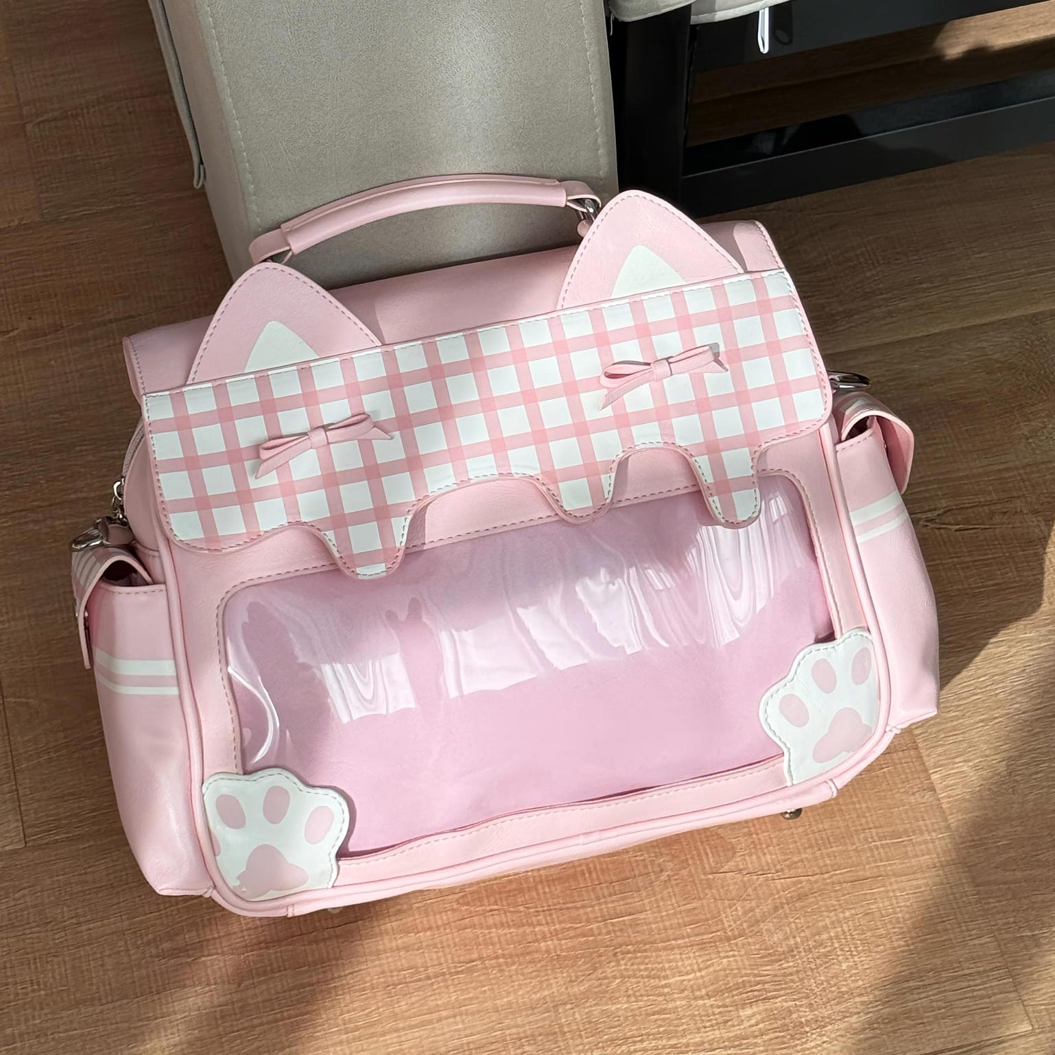 Large Cat Convertible Ita Bag with Clear Window for Plushies and Pins Large Cat Convertible Ita Bag with Clear Window for Plushies and Pins — ita bag detail view