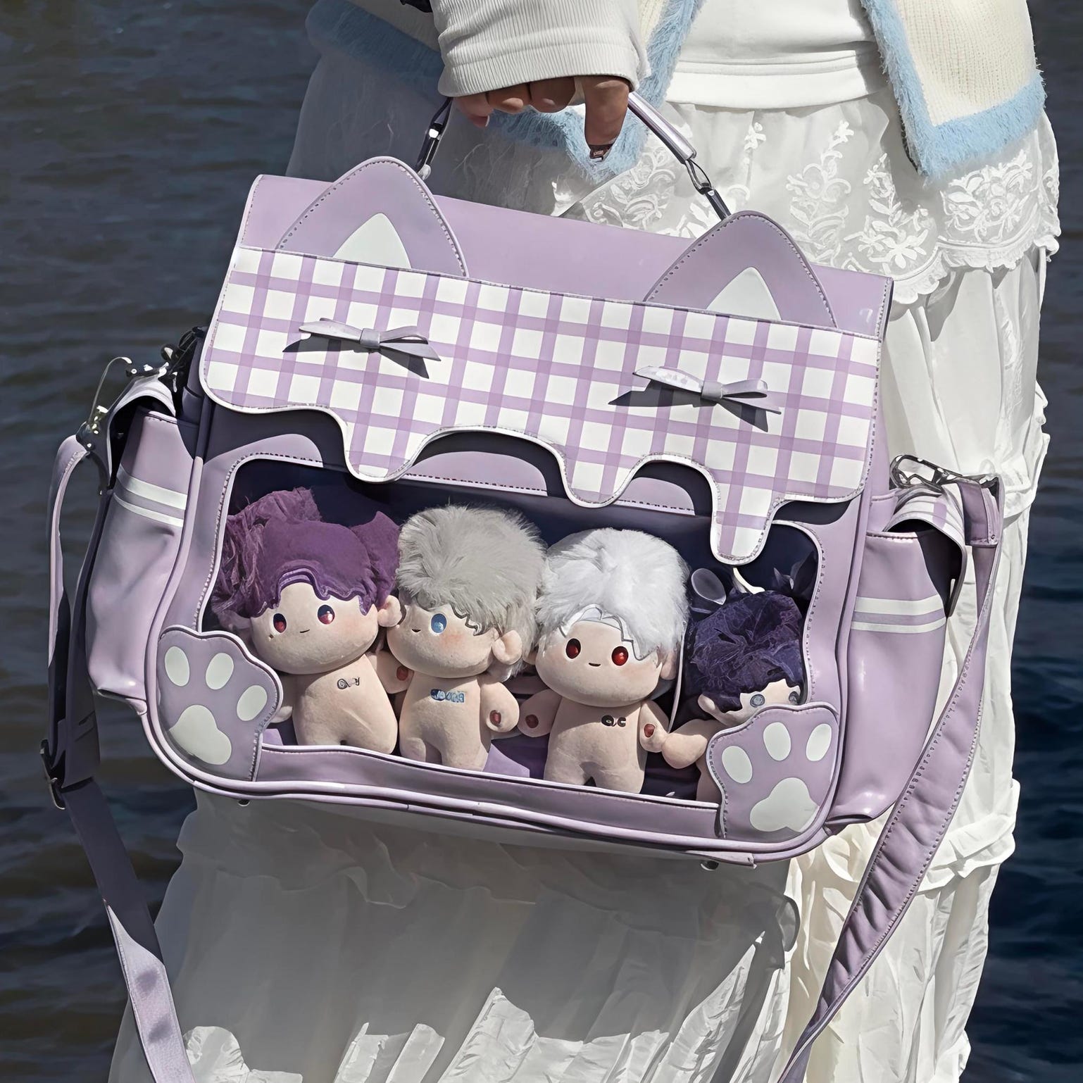 Large Cat Convertible Ita Bag with Clear Window for Plushies and Pins Large Cat Convertible Ita Bag with Clear Window for Plushies and Pins — ita bag detail view