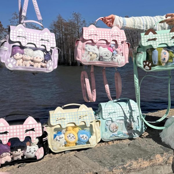 Large Cat Ita Crossbody Bag with Clear Window for Plushies and Pins — crossbody ita bag detail view
