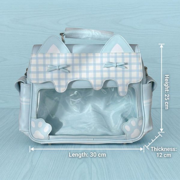 Large Cat Ita Crossbody Bag with Clear Window for Plushies and Pins — crossbody ita bag detail view