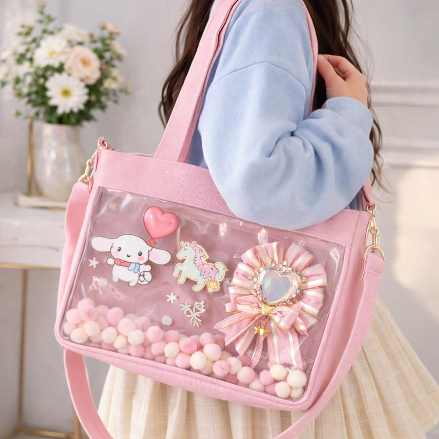 Large Convertible Ita Bag with Clear Window for Pin Display Large Convertible Ita Bag with Clear Window for Pin Display — ita bag detail view