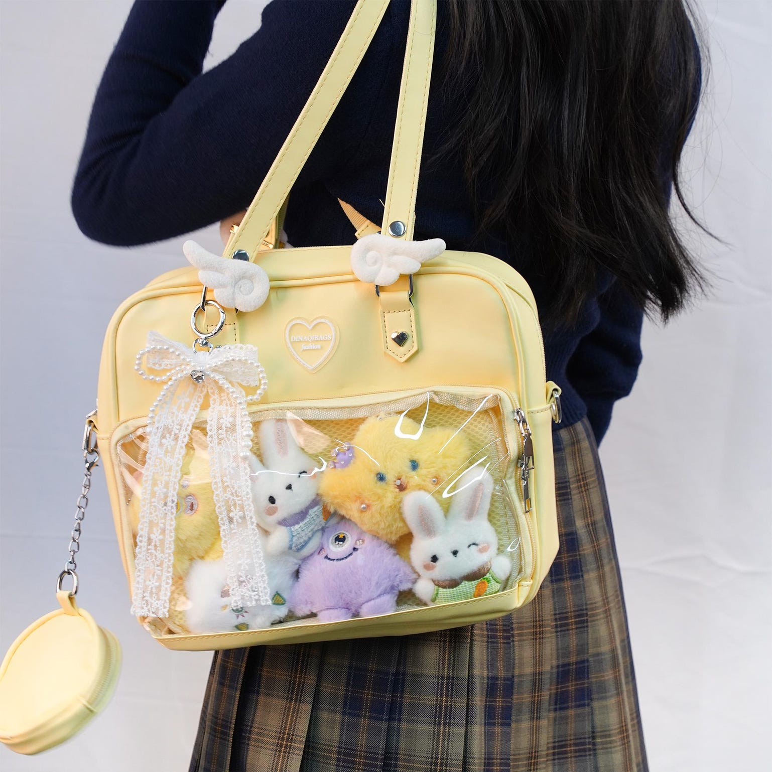 Large Convertible Ita Bag with Clear Window for Plushies and Pins Large Convertible Ita Bag with Clear Window for Plushies and Pins — ita bag detail view