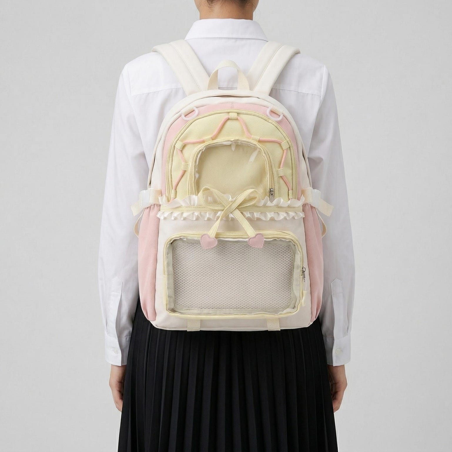Large Green Kawaii Y2K Ita Backpack with Clear Window for Photocards and Pins Large Green Kawaii Y2K Ita Backpack with Clear Window for Photocards and Pins — ita backpack detail view