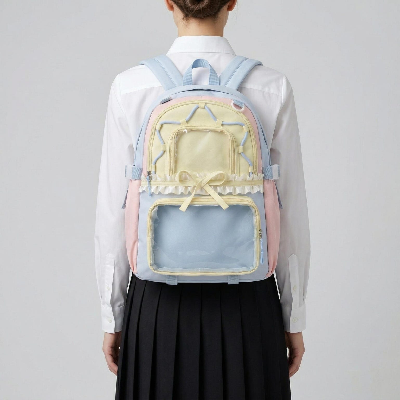 Large Green Kawaii Y2K Ita Backpack with Clear Window for Photocards and Pins Large Green Kawaii Y2K Ita Backpack with Clear Window for Photocards and Pins — ita backpack detail view