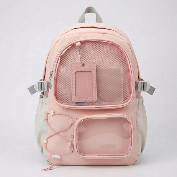 Large Green Kawaii Y2K Ita Backpack with Clear Window for Photocards and Pins — ita backpack detail view