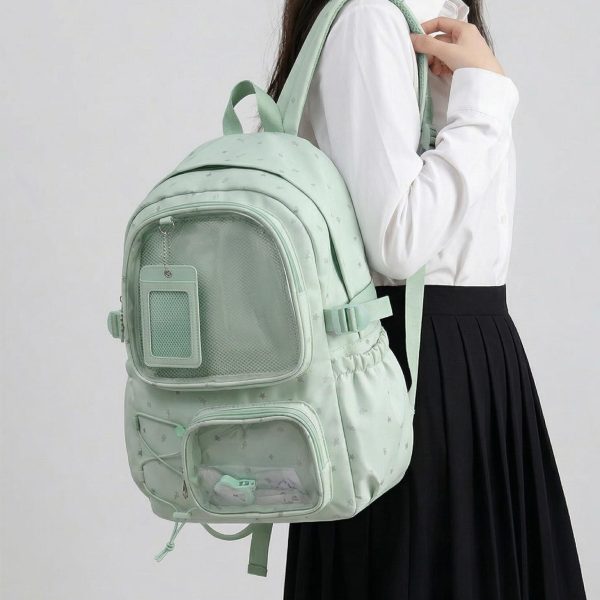 Large Green Kawaii Y2K Ita Backpack with Clear Window for Photocards and Pins — ita backpack detail view